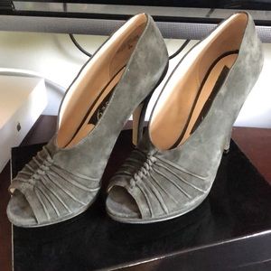 Gray suede booty pumps